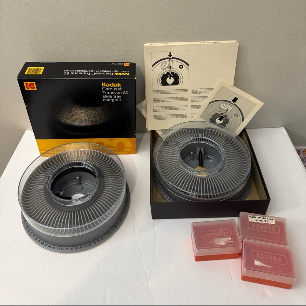 2 Kodak Slide Projector Carousel Transvue 80 slides. One in box.  Excellent cond